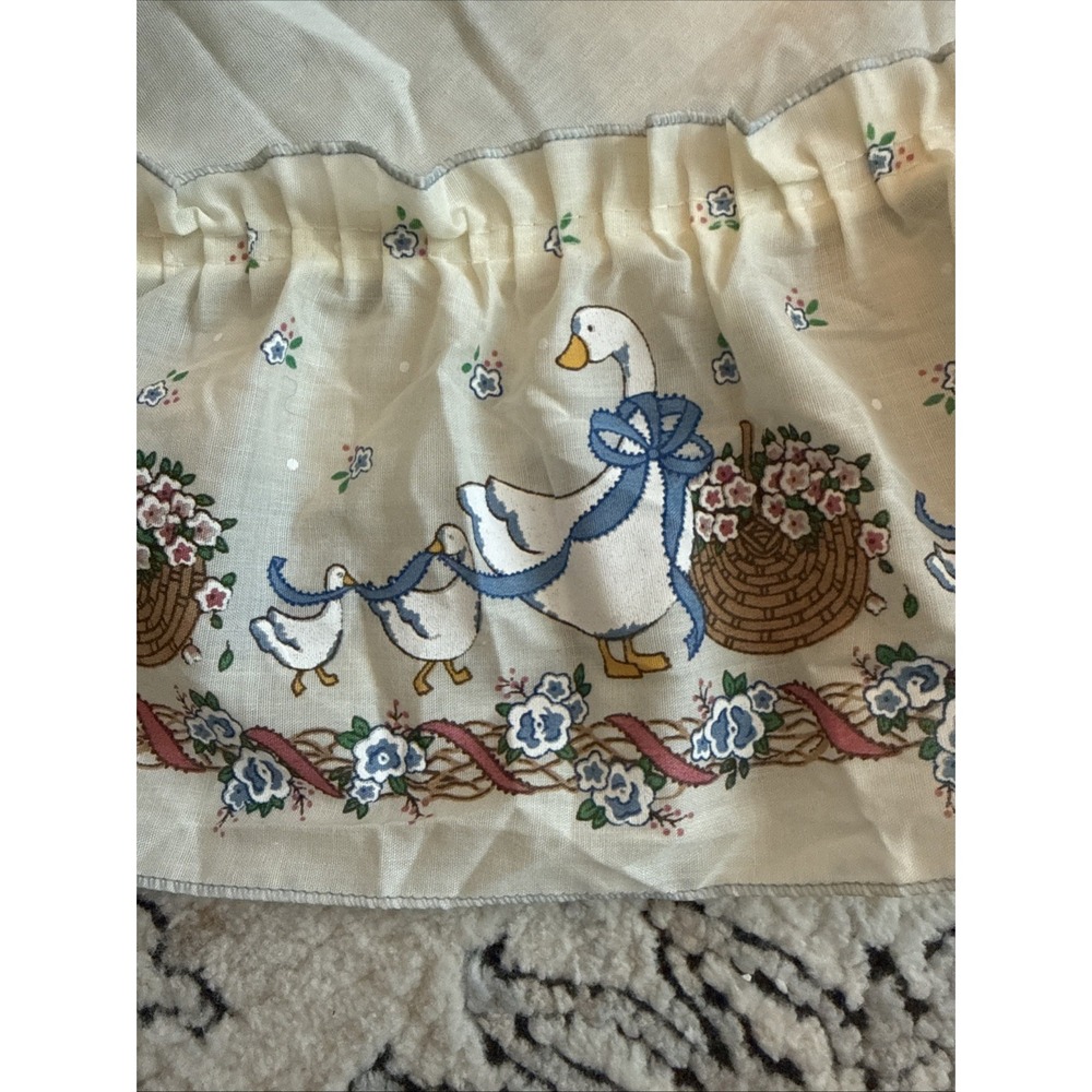 Vintage Goose Curtain -Tiered Valance Cafe Blue Ribbon Floral 55"